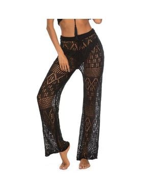 TRUEDAMES Solid Color Sexy Ladies Nightclub Sexy See-Through Cut-Out Woven Anti-Hiccup Pants Hooked Beach Pants - Black