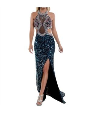 Zasa Chic Beaded Cut Out Halter Gown - Blue