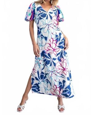 Umgee Tropical Print Puff Sleeve Maxi Dress - Blue