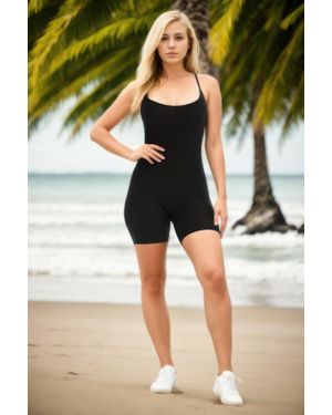 TRUEDAMES Ribbed Bodycon Romper - Black