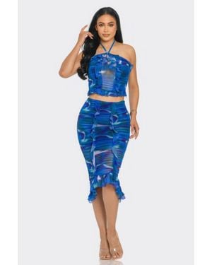 TRUEDAMES Tropical Waters Print Mesh Ruffle Halter Skirt Set - Blue