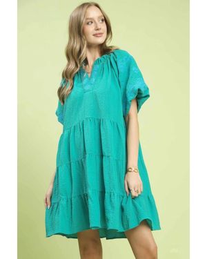 TRUEDAMES Embroidered Tiered Puff Sleeve Mini Dress - Blue