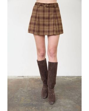 Moon River Plaid Belt Detail Mini Skirt - Brown