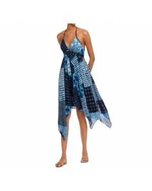Aqua Asymmetrical Rayon Floral Dress - Blue