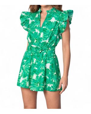 Lavender Brown Notched Collar Cotton Romper - Green