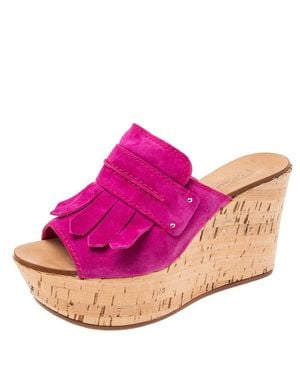 Casadei Suede Tassel Open Toe Cork Platform Wedge Sandals - Pink
