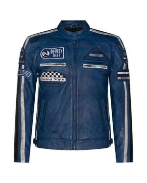 Infinity Leather Zipped Racing Biker Moto Jacket - Blue