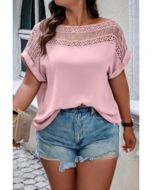TRUEDAMES Plus Solid Round Neck Hollow Out Lace Blouse - Pink