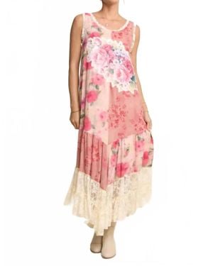 Davi & Dani Print Flower Patchwork Lace Tiered Dress - Pink