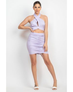 TRUEDAMES Cross Halter Top & Ruched Skirts Set - Blue