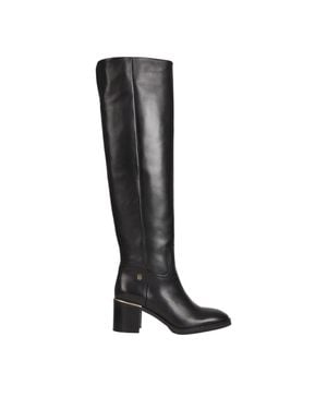 Tommy Hilfiger Leather Overknee Low Heel Boots - Black
