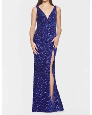 Faviana Deep V Neck Sequin Prom Dress - Blue