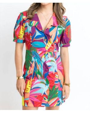 Karlie Birds Of Paradise Scallop Collar Puff Sleeve Dress - Blue
