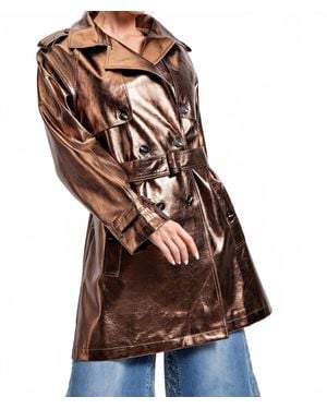 Easel Metallic Faux Leather Trench Coat - Brown