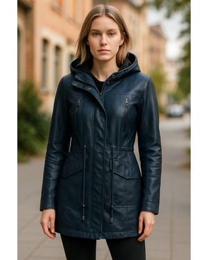 Infinity Leather Leather Hooded Parka Jacket-Clare - Blue