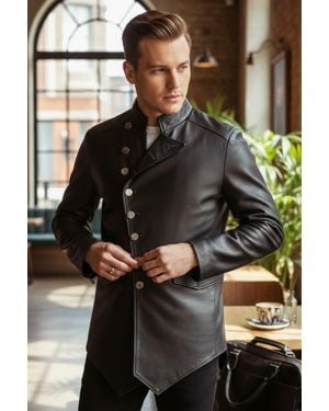 Infinity Leather Leather Mandarin Military Assymetrical Jacket - Black