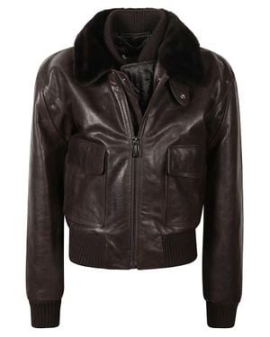 Victoria Beckham Aviator Plush Fur Collar Zip Jacket - Black