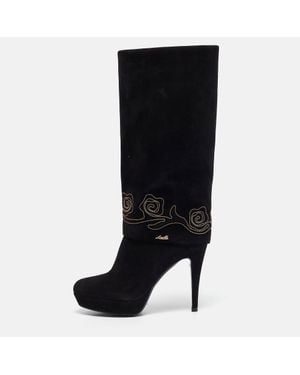 Loriblu Suede Cuff Embroidered Knee Length Boots - Black