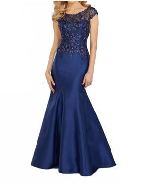 Mgny Beaded Embroidery On Larissa Satin Gown - Blue