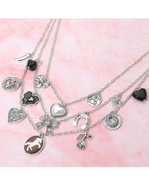 Fashnzfab Pearl Heart Western Horse Cameo Horseshoe Flower Bow Charm Embellished Triple Layered Necklace - Pink