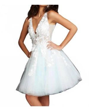 Jovani Floral Appliqued A-Line Cocktail Dress - Blue
