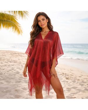 TRUEDAMES Lightweight Metallic Fringe Flowing Kimono Cover Up - Red