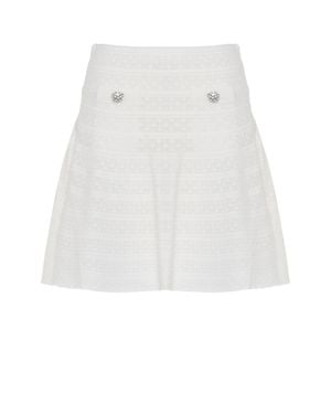 Self-Portrait Pointelle Knit Mini Skirt With Flared Silhouette And Decorative Pockets - White