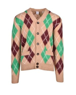 Aspesi Bordeaux Argyle Pattern V-Neck Wool Cardigan - Natural