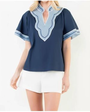 Thml Wide Sleeve Contrast Trim V-Neck Top - Blue