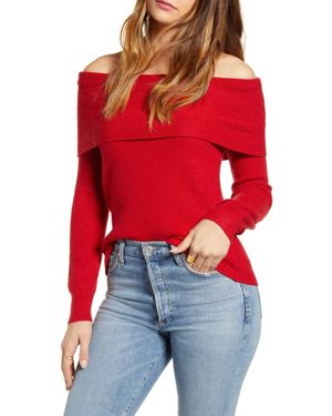 Leith Off Shoulder Long Sleeve Soft Knit Sweater - Red