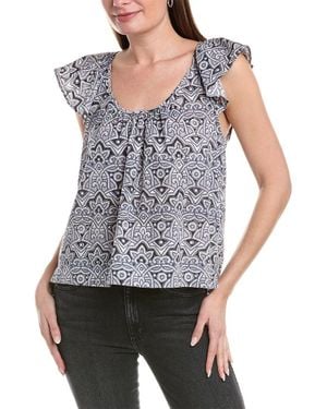 Lilla P Ruffle Sleeve Linen-blend Top - Blue
