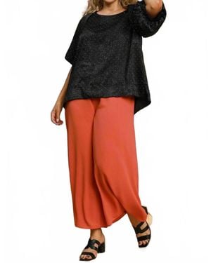 Umgee Satin Rhinestone Embellished Blouse With Puff Sleeves - Red