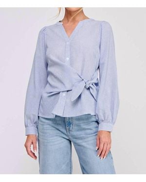 Allie Rose Striped Side Wrap Tie Button Up Blouse - Blue