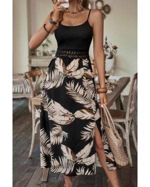 TRUEDAMES Fashnzfab Tropical Print Guipure Lace Insert Split Dress - Brown