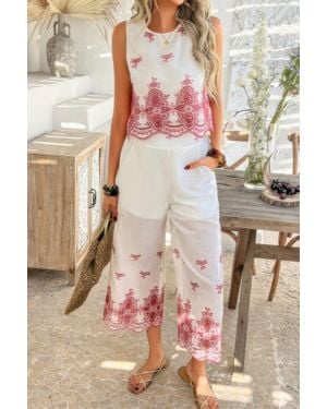 TRUEDAMES Twp Pieces Tile Inspired Embroidery Sleeveless Set - Pink