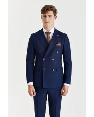 Paul Andrew Blazer Classic Birdseye Double Breasted Tailored Fit Jacket - Blue