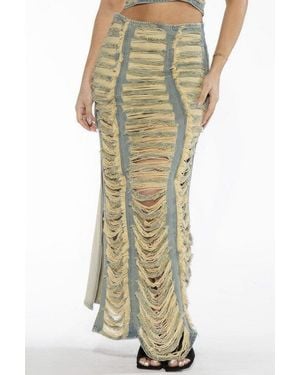 TRUEDAMES Extreme Shredded Distressed Denim Maxi Skirt - Multicolor