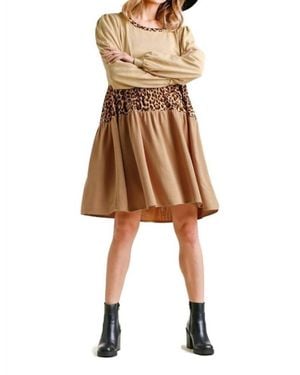 Umgee Leopard Tiered Babydoll Dress - Natural