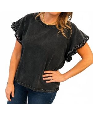 Easel Flirty Ruffle Sleeve Top - Black