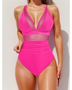 TRUEDAMES 2026 Bikini Solid Color Mesh Halter Sexy Bikini One-Piece Swimsuit Swimsuit - Pink
