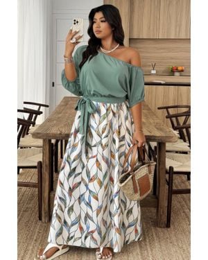 TRUEDAMES Plus Size Floral Twist Waist One Shoulder Dress - Green