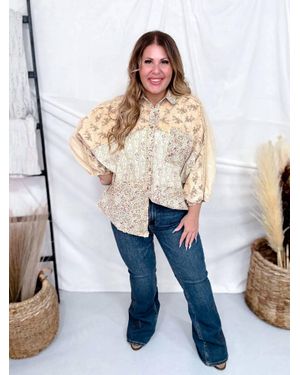 Easel Mineral Washed Patchwork Floral Print Button Down Top - Blue