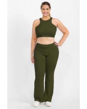 TRUEDAMES Plus Ribbed Cropped Top And Bootcut Pants Sets - Green