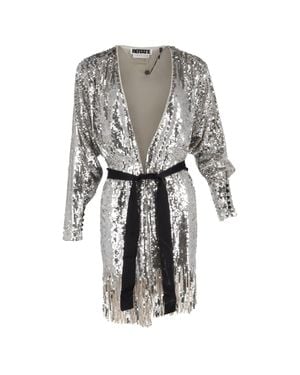 ROTATE BIRGER CHRISTENSEN Samantha Belted Fringed Sequined Tulle Wrap Dress - Gray