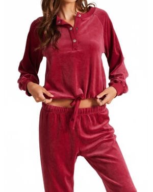 Bobi Snap Henley Raglan Tie Hem Top - Red