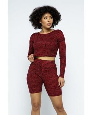 TRUEDAMES Knit Long Sleeve Cropped Top Knit High-Waist Biker Shorts Set - Red