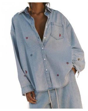 Electric and Rose Embroidery Boyfriend Shirt - Blue