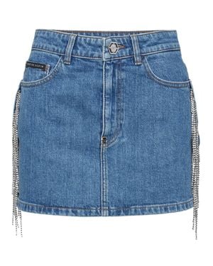 Philipp Plein Denim Mini Skirt Crystal Fringes - Blue