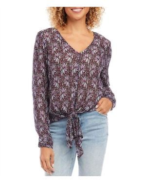Karen Kane Fancee Floral Metallic Crepe V-Neck Tie Front Top - Blue