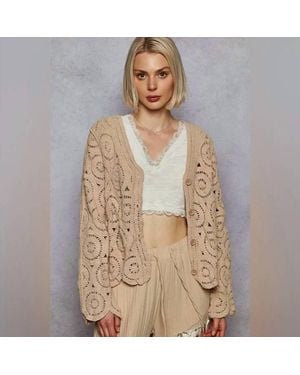 Pol Soft Scallop Knitted V-Neck Button Down Cardigan - Natural